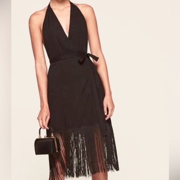 NWT Reformation Black Plunge Halter Midi Cocktail Wrap Dress with Fringe M/L